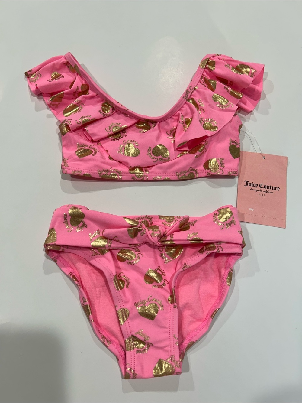 Juicy Couture Hot Pink Girls Two-Piece Bikini with Gold Heart Print